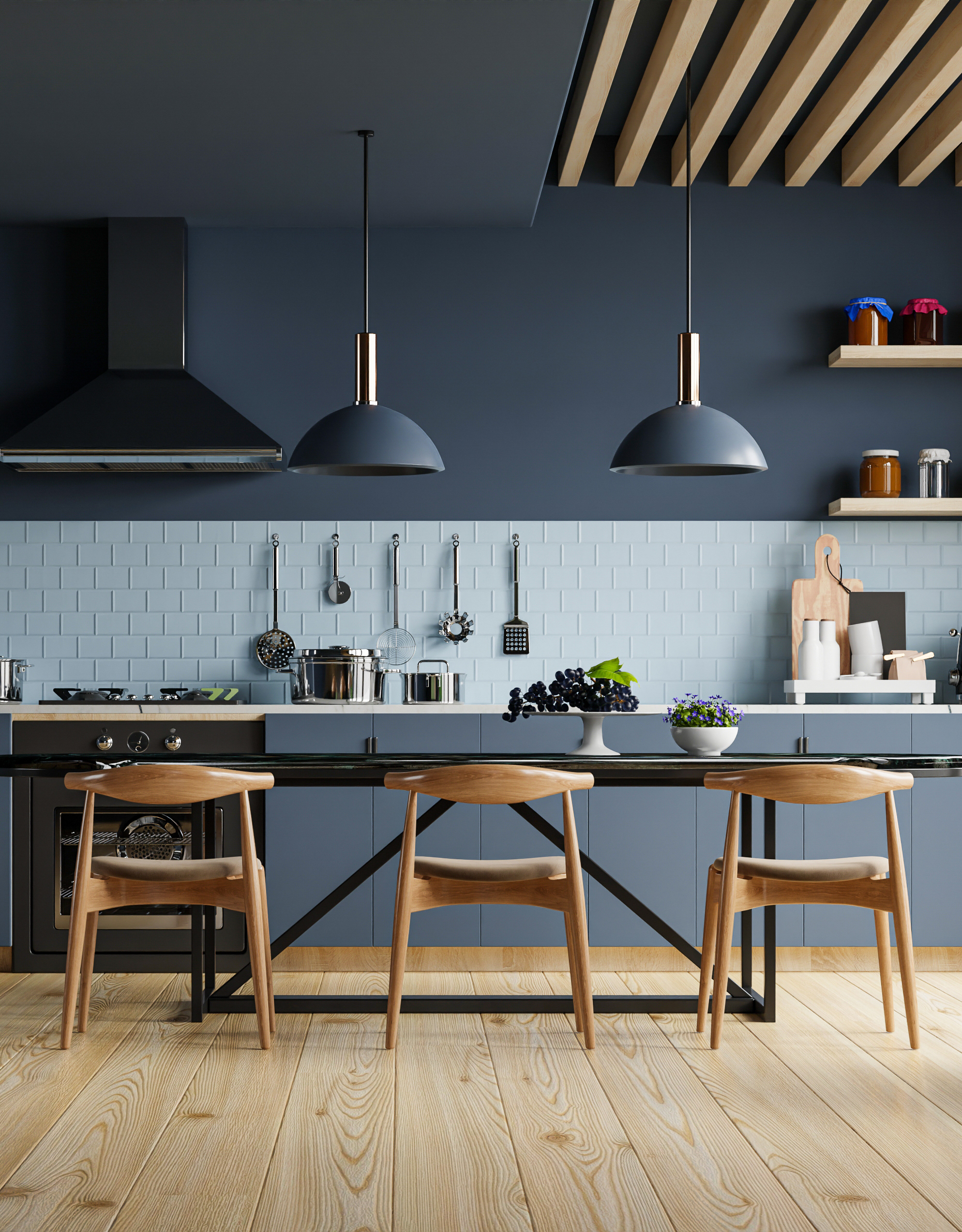 Modern style kitchen interior design with dark blue wall